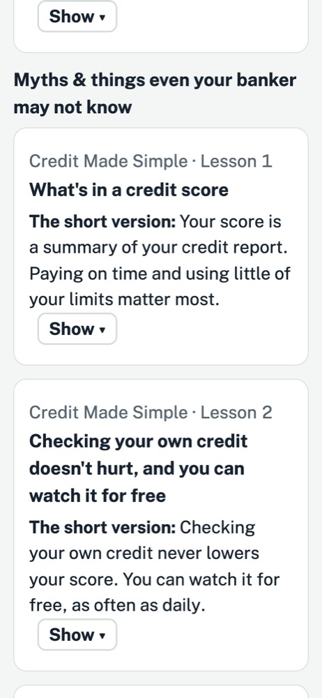 The Credit Made Simple lessons, each with a short version and a Show button. Sample data.