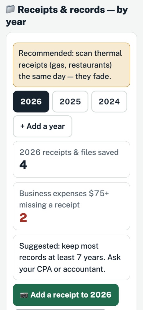 Receipts and records by year, with a count of expenses still missing a receipt. Sample data.